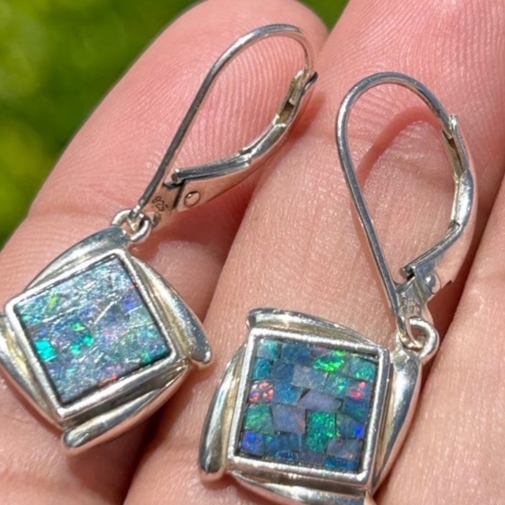 Vintage sterling silver Whitney Kelly Opal Mosaic square drop earrings - Picture 4 of 13